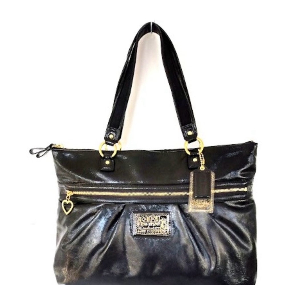 Coach Poppy Daisy Black Patent Leather Shoulder Bag Tote Gold Accents With COA